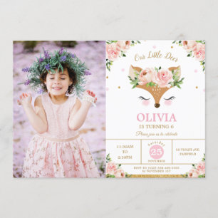 Deer Pink Floral Woodland Birthday Party Photo Invitation