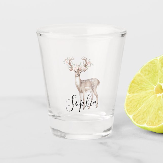 Deer Pink Flowers Shot Glass (Front)