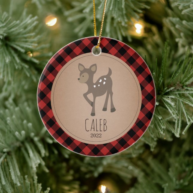 Deer Plaid Baby Cub First Christmas Ceramic Tree Decoration (Tree)