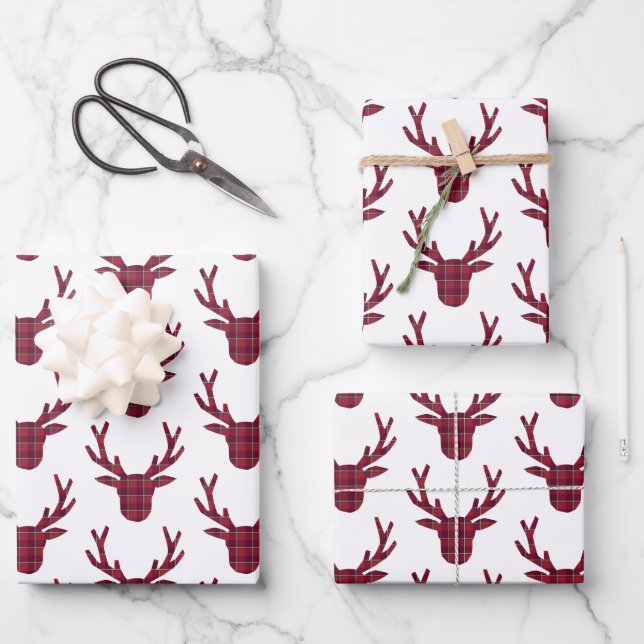 Deer Plaid Dark Red Burgundy Wrapping Paper Sheet (Front)