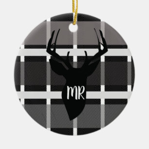Deer Plaid Monogram Christmas Present Circle Ceramic Tree Decoration
