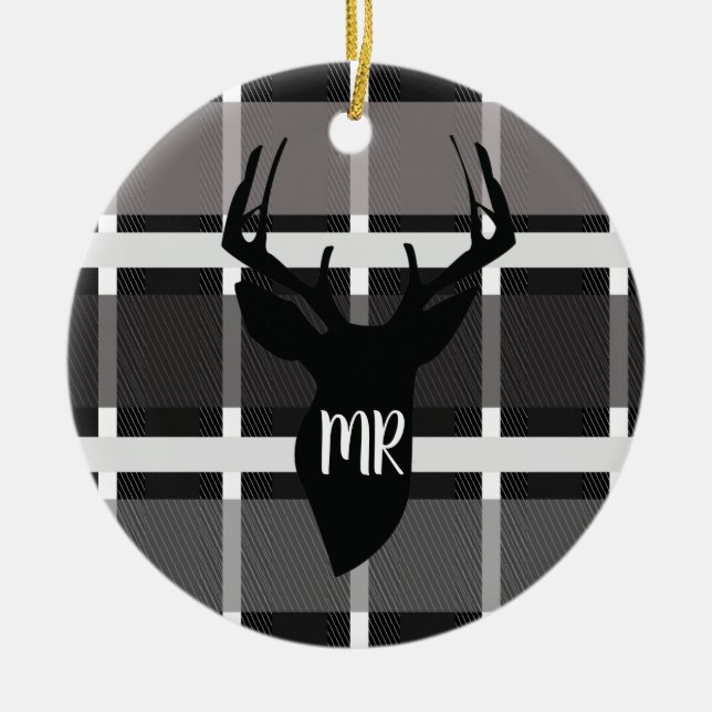 Deer Plaid Monogram Christmas Present Circle Ceramic Tree Decoration (Front)