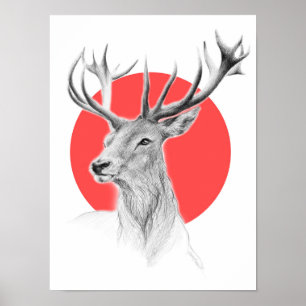 Deer portrait pencil drawing red by EDrawings38 Poster