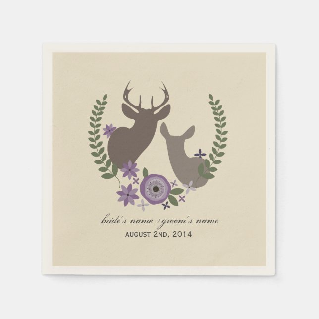 Deer + Purple Floral Wedding Napkins (Front)