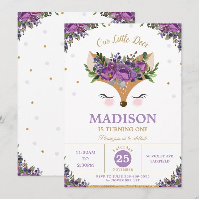 Deer Purple Floral Woodland Animals Birthday Party Invitation (Front/Back)