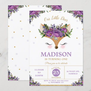 Deer Purple Floral Woodland Animals Birthday Party Invitation
