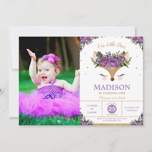 Deer Purple Floral Woodland Birthday Party Photo Invitation (Front)