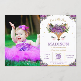 Deer Purple Floral Woodland Birthday Party Photo Invitation