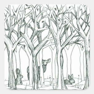Deer Rabbits Wildlife Forest Trees Ink Drawing Square Sticker