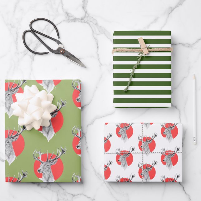 Deer Red circle Green stripes Christmas pattern Wrapping Paper Sheet (Front)