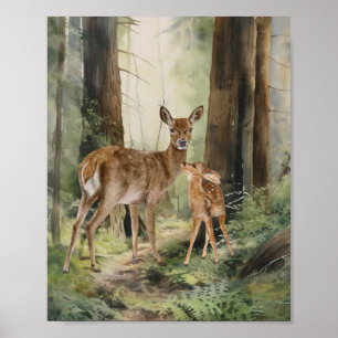 Deer Redwood Forest Watercolor Poster