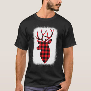 Deer Reindeer Christmas Pajama Plaid Bleached T-Shirt