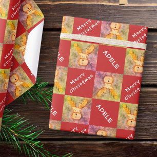 Deer Reindeer Kids Name Merry Christmas Holiday Wrapping Paper