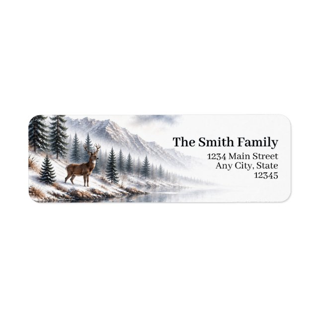 Deer Return Address Labels Winter Mountain Forest (Front)