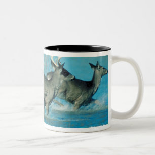 Deer running in water Two-Tone coffee mug