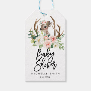 deer rustic floral pink baby shower tags