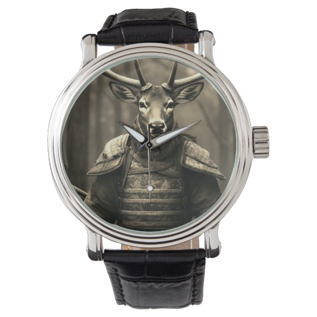 deer samurai  Battlefield black leather watch (Front)