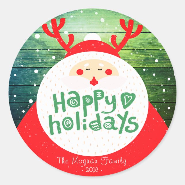 Deer Santa Merry Christmas Happy New Year Greeting Classic Round Sticker (Front)