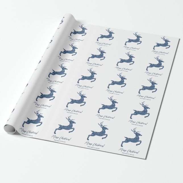 Deer Shape In Faux Blue Glitter Look With Text Wrapping Paper (Unrolled)