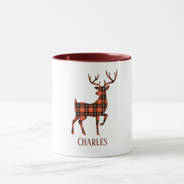 Deer Silhouette Buck Red and Black Plaid Mug (Center)