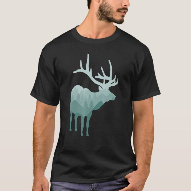 Deer Silhouette Forest Mountains Landscape Nature  T-Shirt (Front)