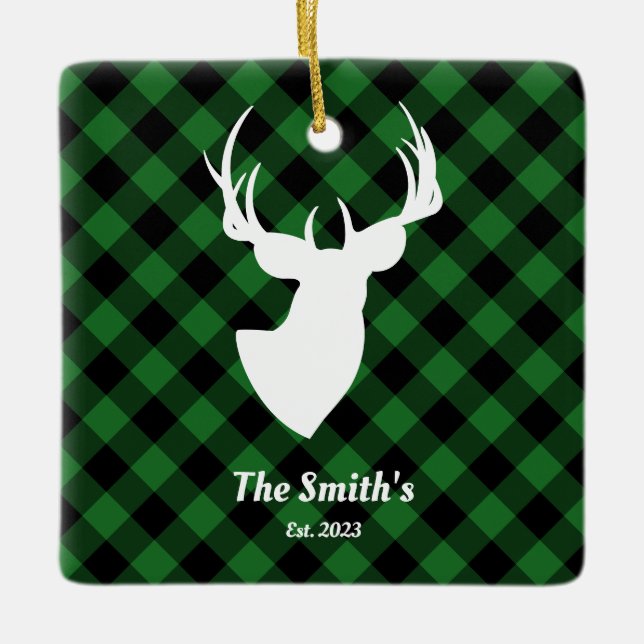 Deer Silhouette Green Black Buffalo Plaid Family Ceramic Ornament (Front)