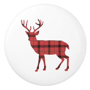 Deer Silhouette Red and Black Plaid Tartan Ceramic Knob
