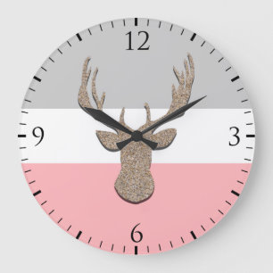 Deer Silhouette, Stag On Blue and Grey Large Clock