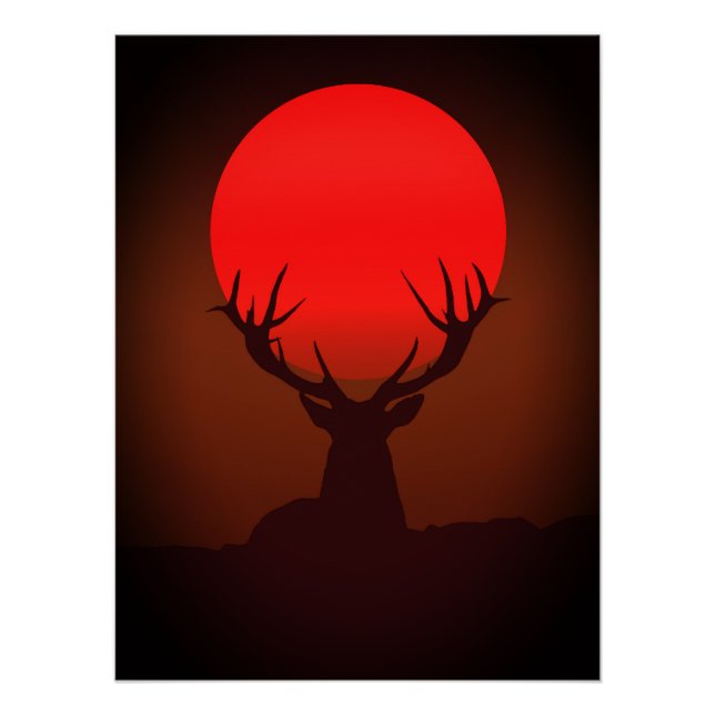 Deer Silhouette with Fiery Red Sunset Poster (Front)