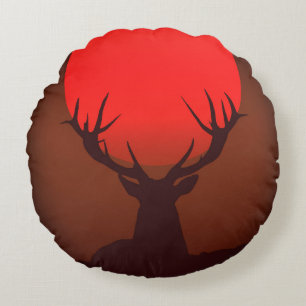 Deer Silhouette with Fiery Red Sunset Round Cushion