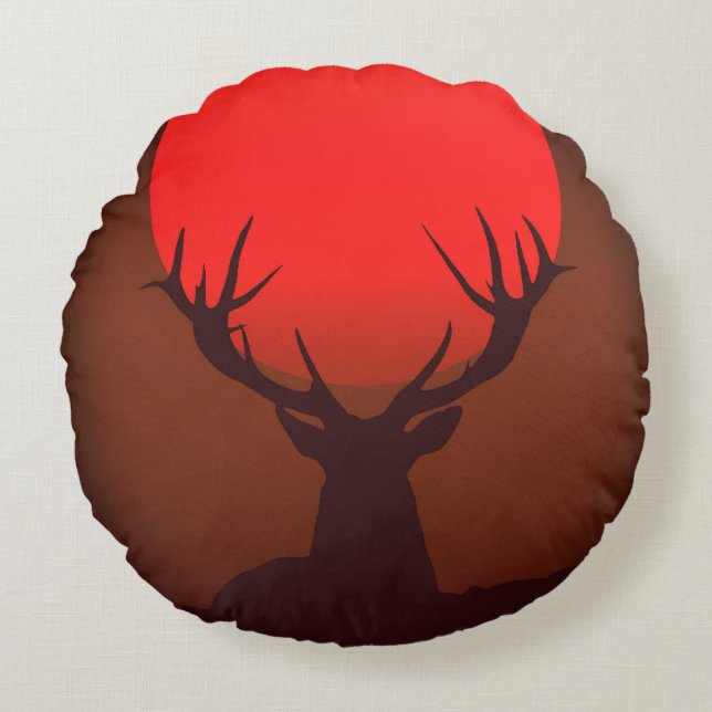 Deer Silhouette with Fiery Red Sunset Round Cushion (Front)