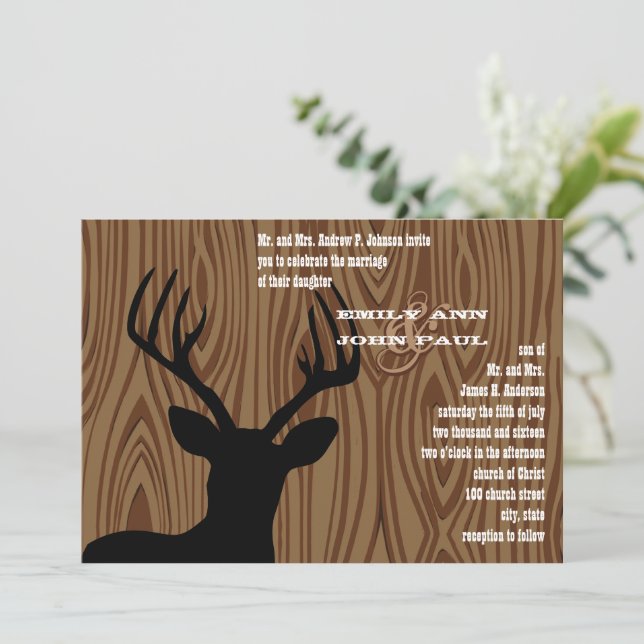 Deer Silhouette Wood Grain Wedding Invite (Standing Front)
