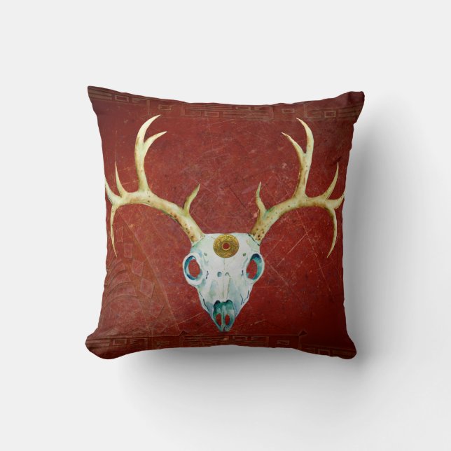 Deer Skull Antlers Ox Blood Gold Native American Cushion (Front)
