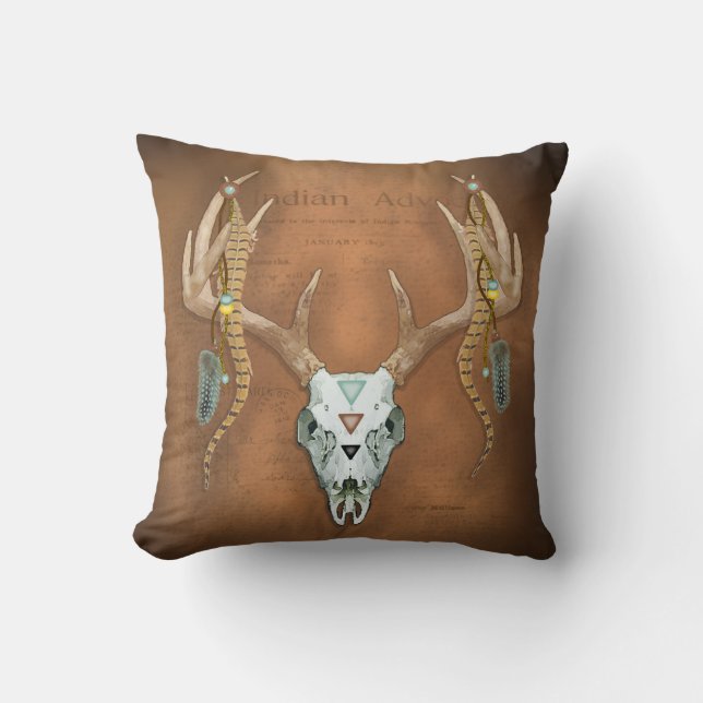 Deer Skull Antlers Vintage Native American Cushion (Front)