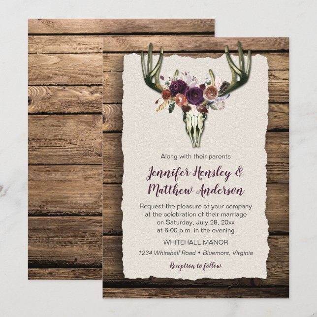 Deer Skull Dark Purple Floral Bouquet Barn Wood Invitation (Front/Back)