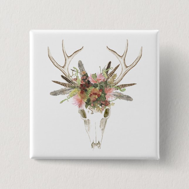 Deer Skull & Flowers 15 Cm Square Badge (Front)