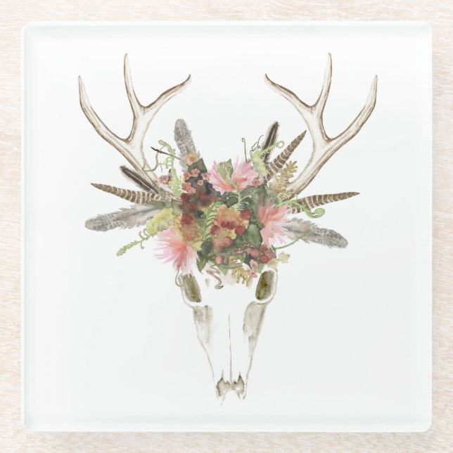 Deer Skull & Flowers Glass Coaster (Front)