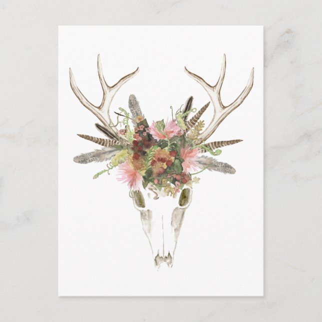 Deer Skull & Flowers Postcard (Front)