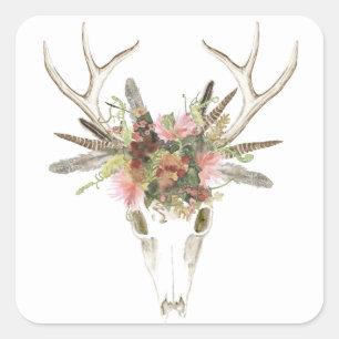 Deer Skull & Flowers Square Sticker