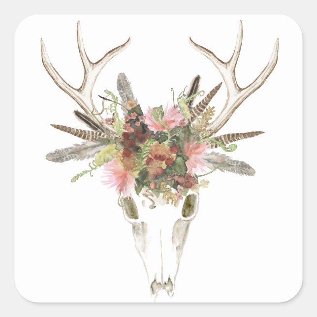 Deer Skull & Flowers Square Sticker (Front)