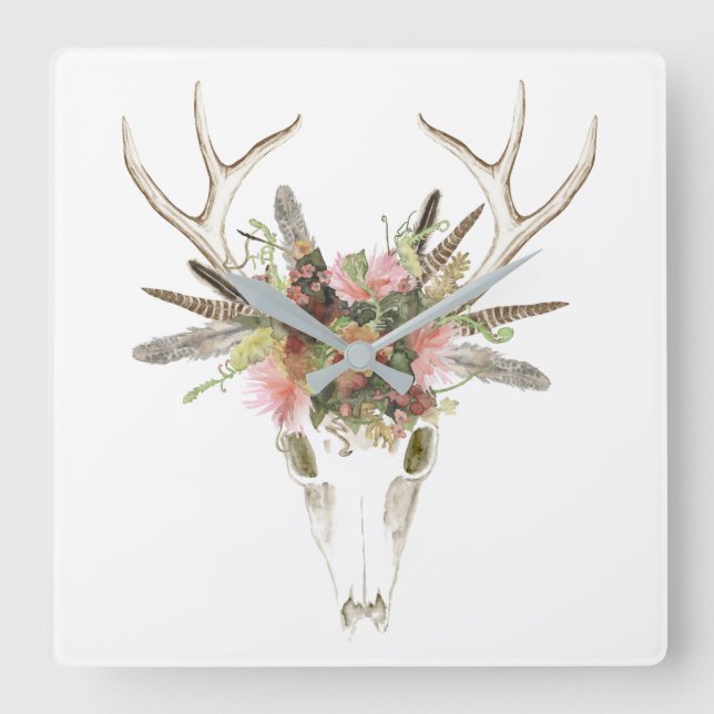 Deer Skull & Flowers Square Wall Clock (Front)