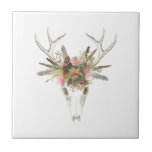 Deer Skull & Flowers Tile<br><div class="desc">Deer Skull & Flowers I by Naomi McCavitt. Features a deer skull with flowers and feathers placed on its head.</div>