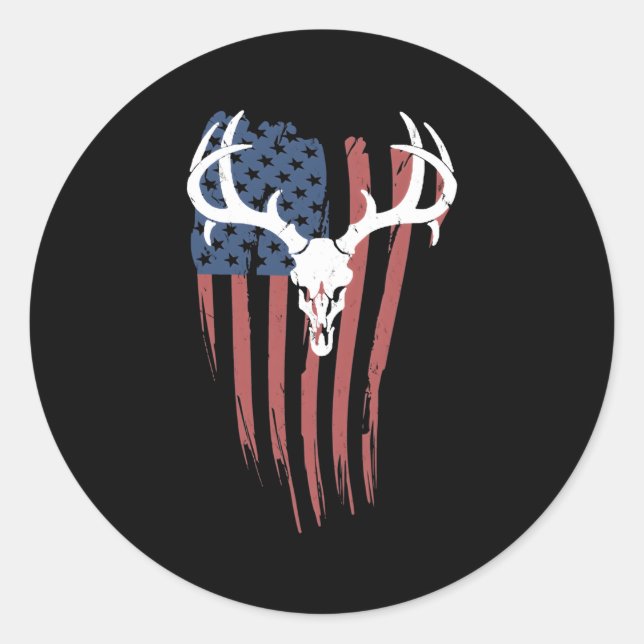 Deer Skull Hunting Trophy American Flag Deer Hunte Classic Round Sticker (Front)