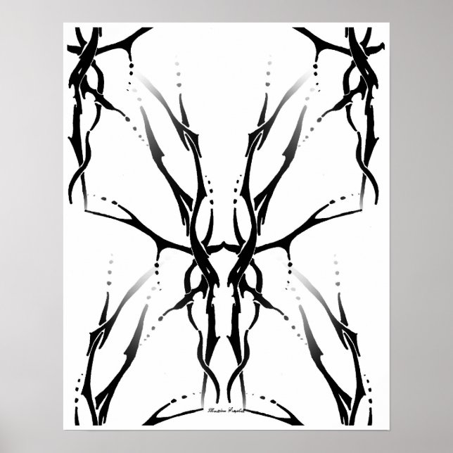 Deer Skull Tribal Tattoo Digital Black and White Poster (Front)