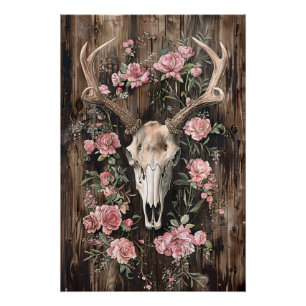 Deer Skull Watercolor Pink Flowers Decoupage Poster