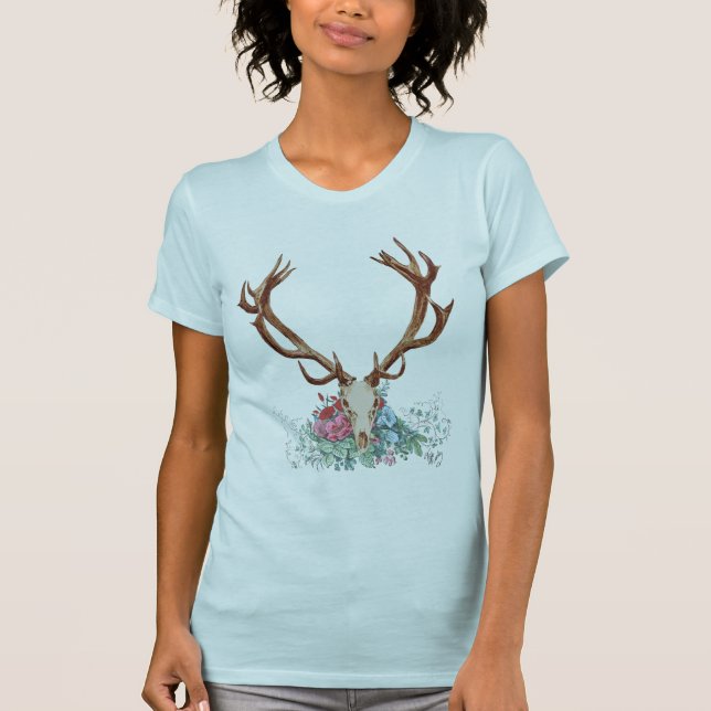 Deer Skull With Flowers 2 T-Shirt (Front)