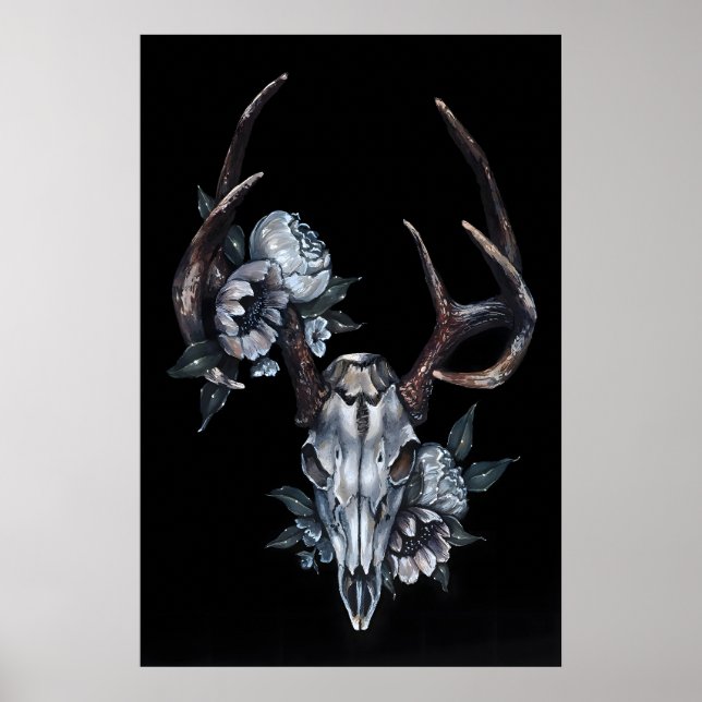 Deer Skull with Flowers- Giclee Print from (Front)