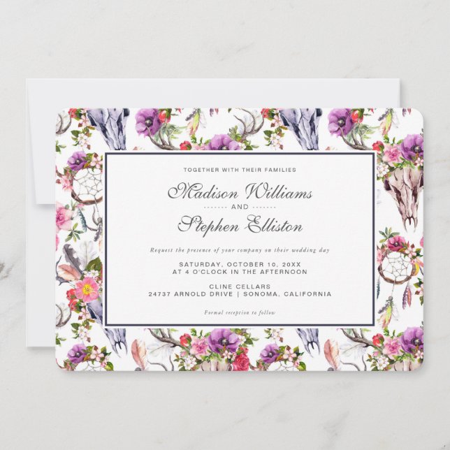 Deer Skulls, Flowers & Dream Catchers - Wedding Invitation (Front)