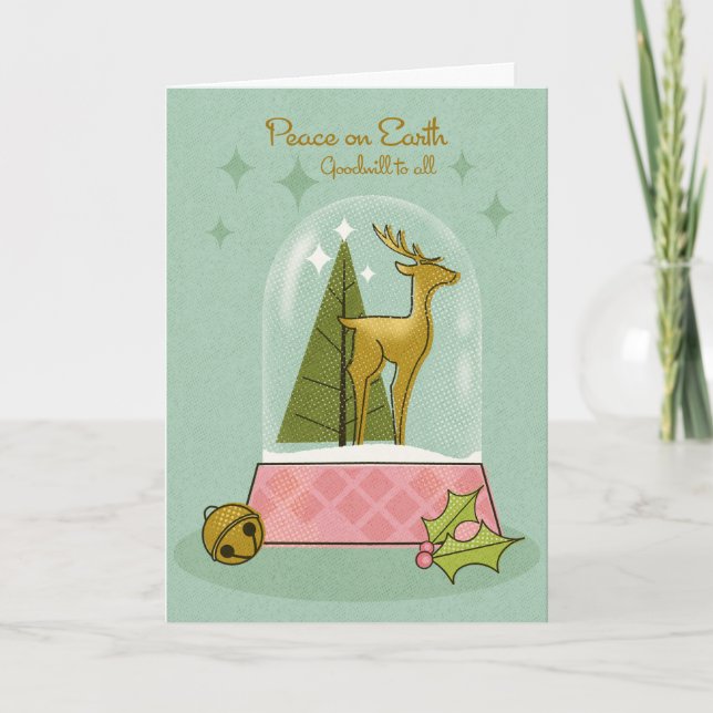 Deer Snow Globe Peace on Earth Christmas Card (Front)
