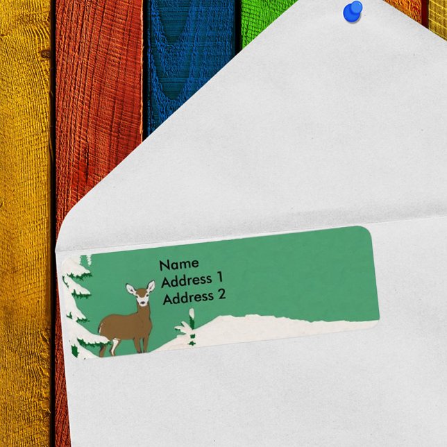 Deer Snow Winter Scene (Return address label with white face female deer in snow by pine tree.)